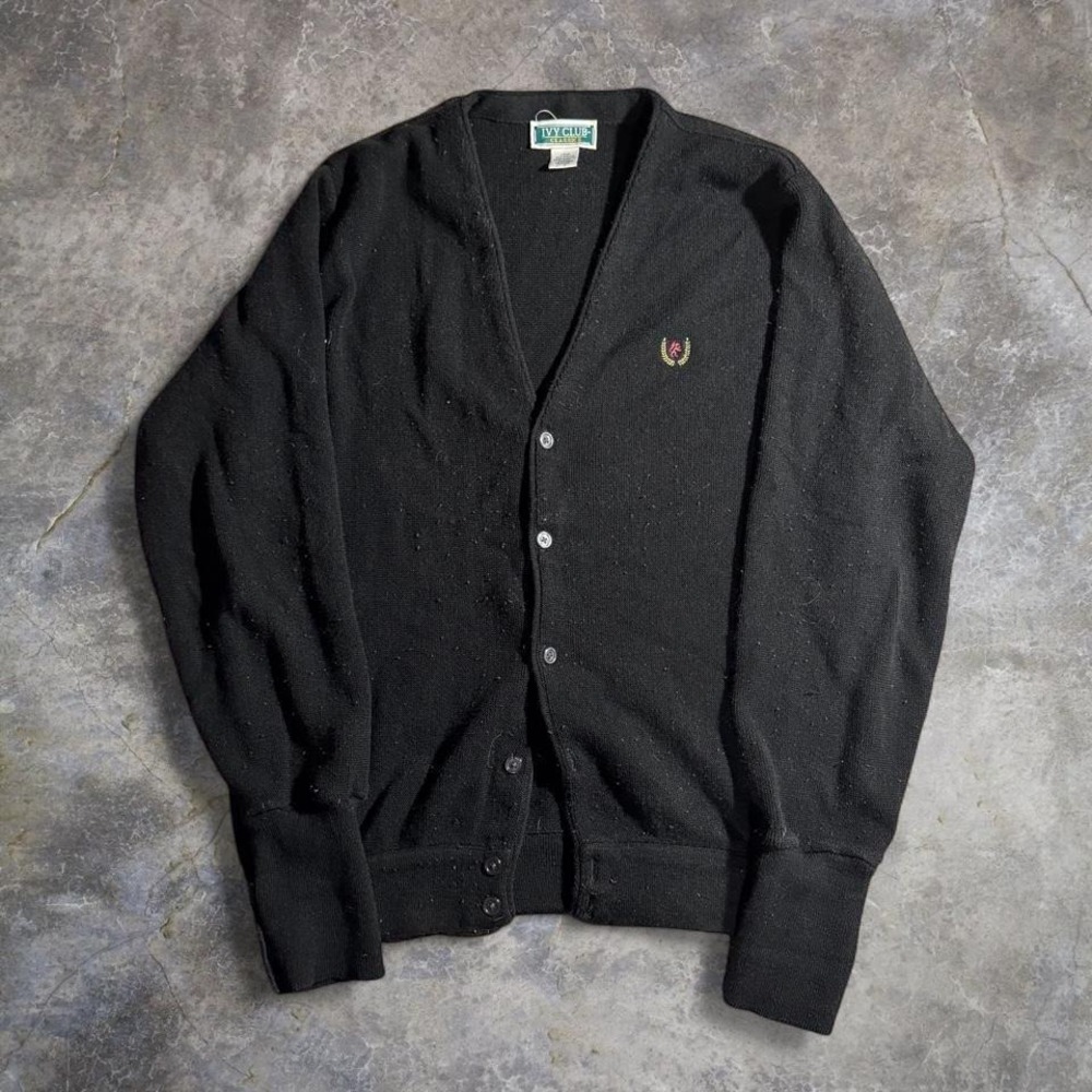 Vintage Ivy Club Classics Black Cardigan Sweater Embroidered Crest Preppy Golf